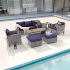 LIVOOSUN Outdoor 7Pcs Furniture Conversation Gray Rattan Sofa Set w/2 Tables