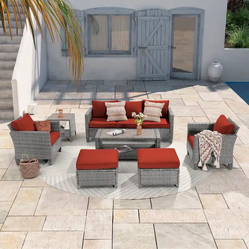 LIVOOSUN Outdoor 7Pcs Furniture Conversation Gray Rattan Sofa Set w/2 Tables
