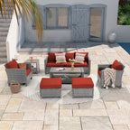 LIVOOSUN Outdoor 7Pcs Furniture Conversation Gray Rattan Sofa Set w/2 Tables