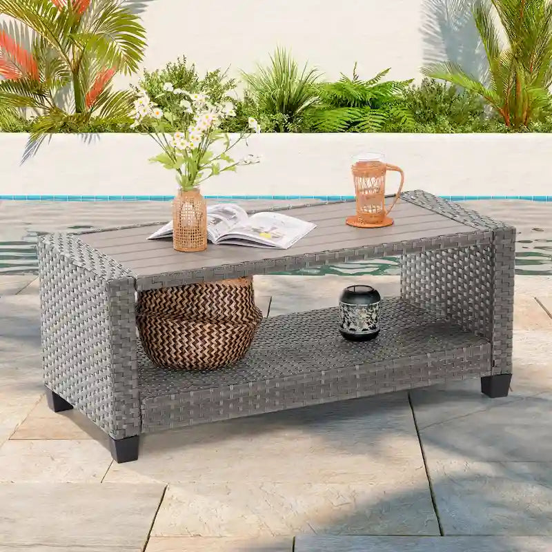 LIVOOSUN Outdoor 7Pcs Furniture Conversation Gray Rattan Sofa Set w/2 Tables