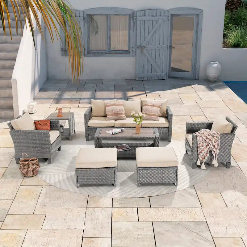 LIVOOSUN Outdoor 7Pcs Furniture Conversation Gray Rattan Sofa Set w/2 Tables