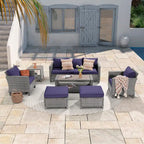 LIVOOSUN Outdoor 7Pcs Furniture Conversation Gray Rattan Sofa Set w/2 Tables