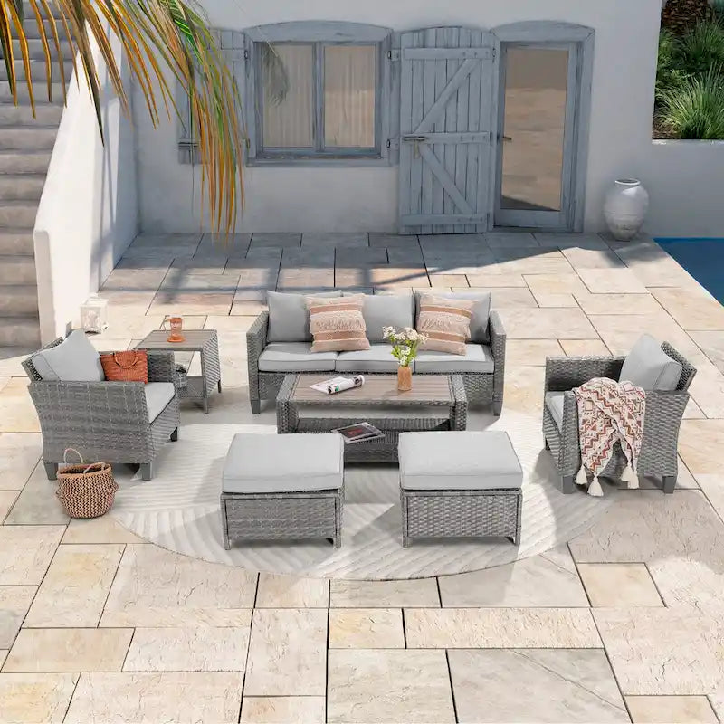 LIVOOSUN Outdoor 7Pcs Furniture Conversation Gray Rattan Sofa Set w/2 Tables