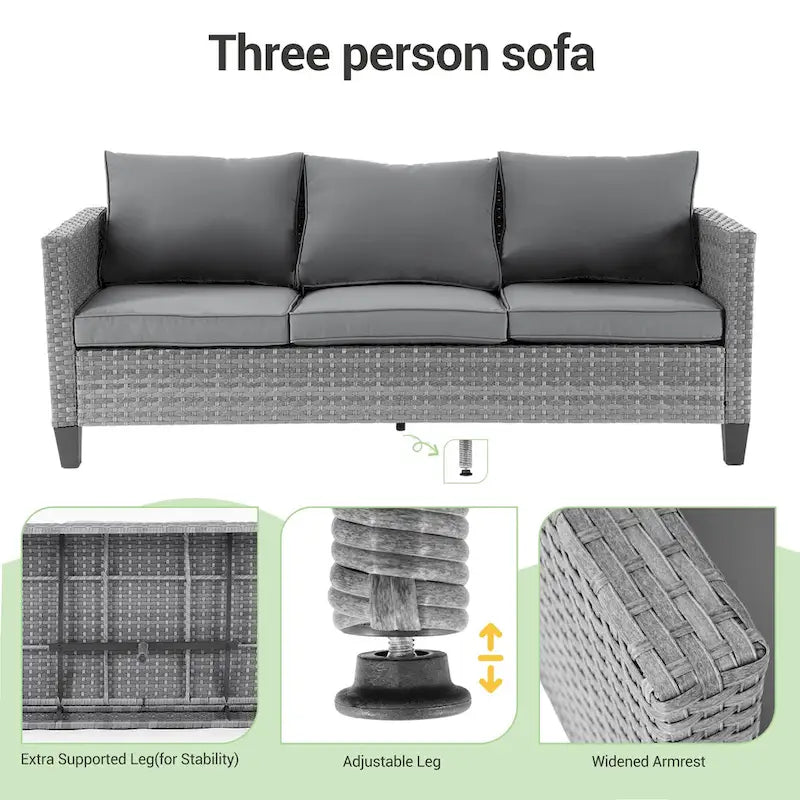 LIVOOSUN Outdoor 7Pcs Furniture Conversation Gray Rattan Sofa Set w/2 Tables