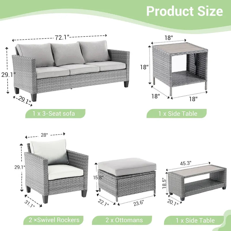 LIVOOSUN Outdoor 7Pcs Furniture Conversation Gray Rattan Sofa Set w/2 Tables