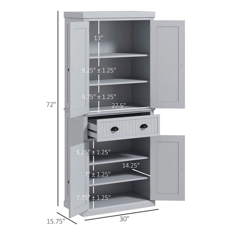 Meuble de rangement pour garde-manger de cuisine 72, armoire autoportante traditionnelle avec 4 portes et 3 étagères réglables, grand tiroir central