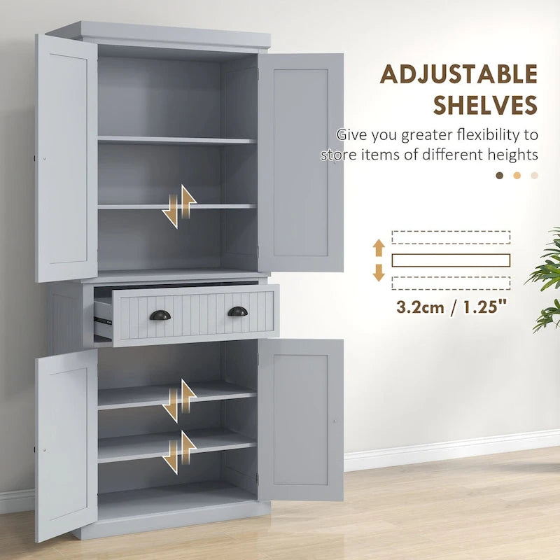Meuble de rangement pour garde-manger de cuisine 72, armoire autoportante traditionnelle avec 4 portes et 3 étagères réglables, grand tiroir central
