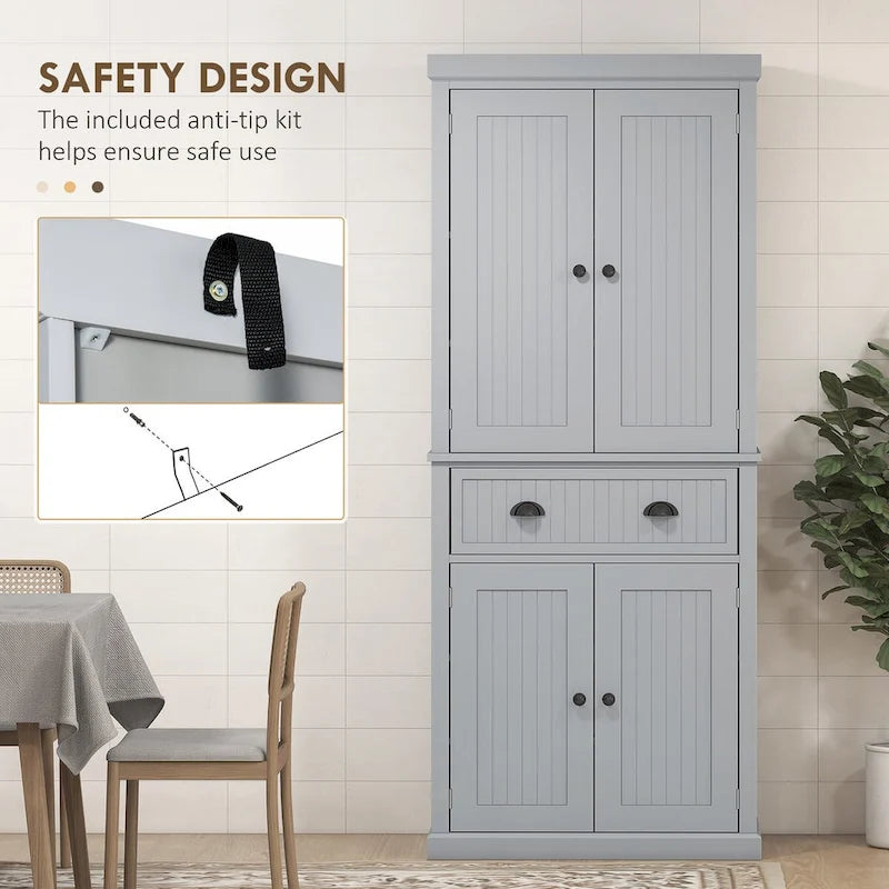 Meuble de rangement pour garde-manger de cuisine 72, armoire autoportante traditionnelle avec 4 portes et 3 étagères réglables, grand tiroir central