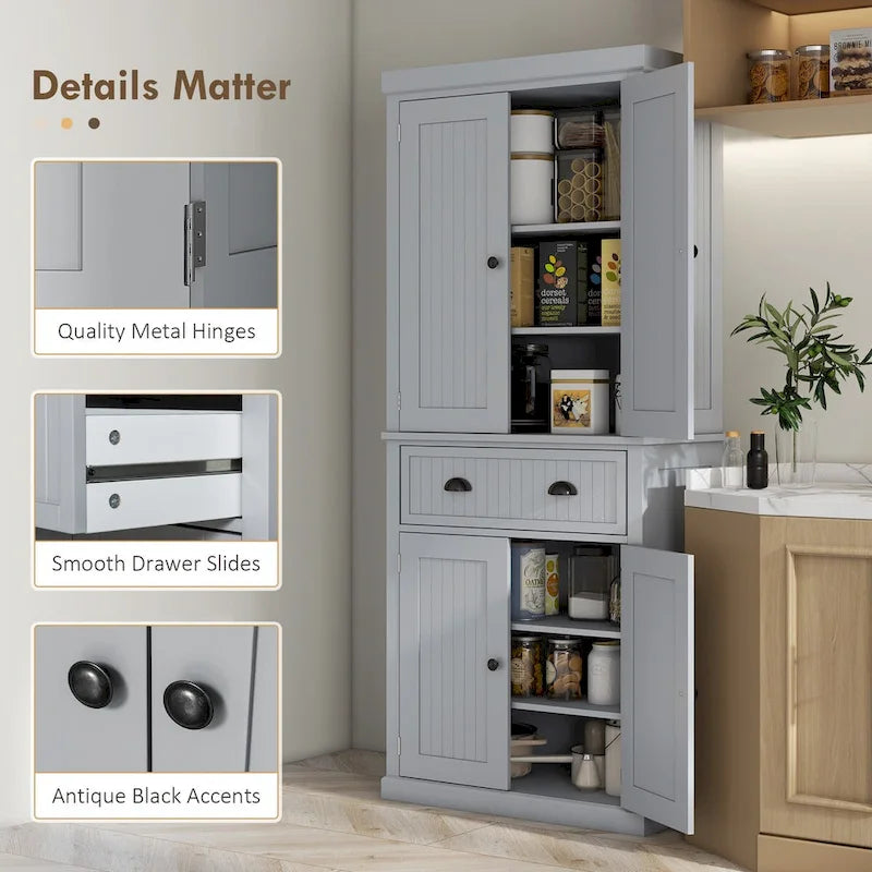 Meuble de rangement pour garde-manger de cuisine 72, armoire autoportante traditionnelle avec 4 portes et 3 étagères réglables, grand tiroir central