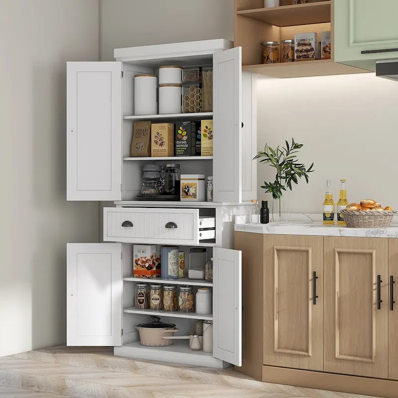 Meuble de rangement pour garde-manger de cuisine 72, armoire autoportante traditionnelle avec 4 portes et 3 étagères réglables, grand tiroir central