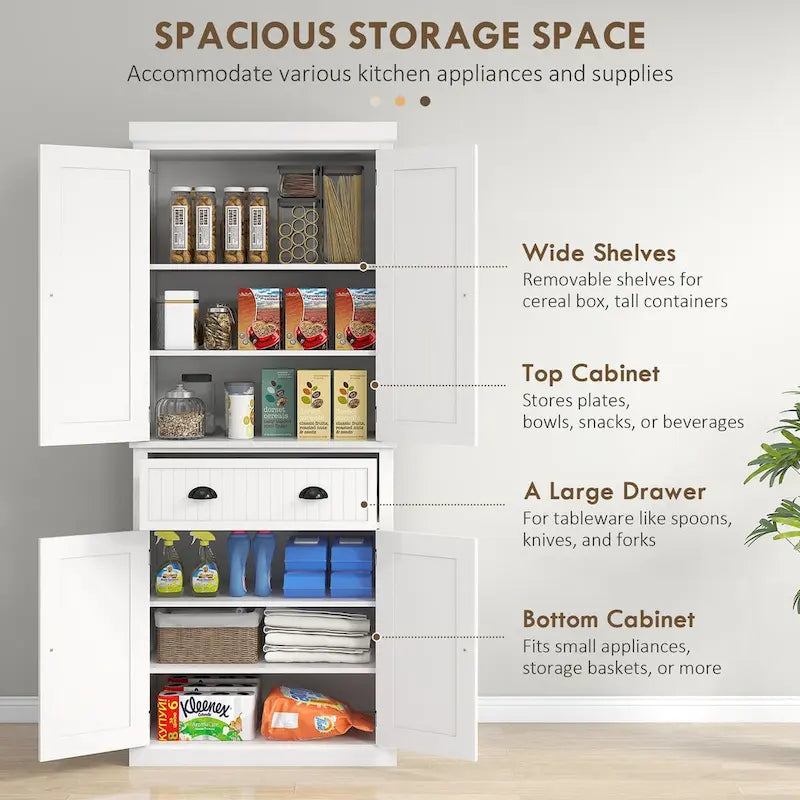 Meuble de rangement pour garde-manger de cuisine 72, armoire autoportante traditionnelle avec 4 portes et 3 étagères réglables, grand tiroir central