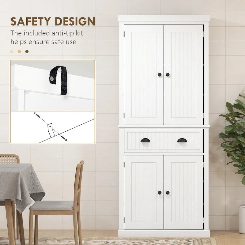 Meuble de rangement pour garde-manger de cuisine 72, armoire autoportante traditionnelle avec 4 portes et 3 étagères réglables, grand tiroir central