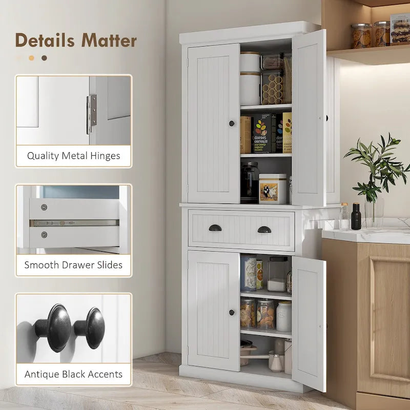 Meuble de rangement pour garde-manger de cuisine 72, armoire autoportante traditionnelle avec 4 portes et 3 étagères réglables, grand tiroir central