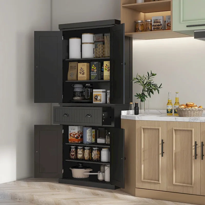Meuble de rangement pour garde-manger de cuisine 72, armoire autoportante traditionnelle avec 4 portes et 3 étagères réglables, grand tiroir central