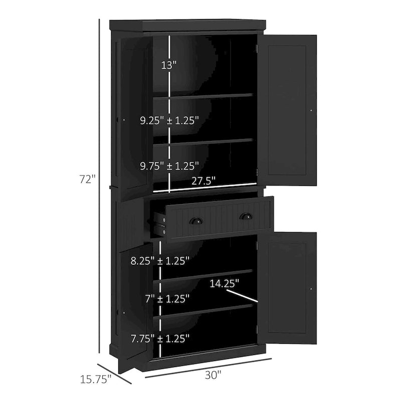 Meuble de rangement pour garde-manger de cuisine 72, armoire autoportante traditionnelle avec 4 portes et 3 étagères réglables, grand tiroir central