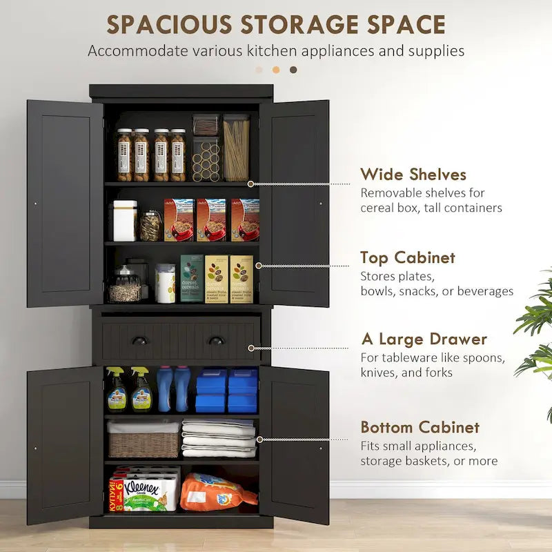 Meuble de rangement pour garde-manger de cuisine 72, armoire autoportante traditionnelle avec 4 portes et 3 étagères réglables, grand tiroir central