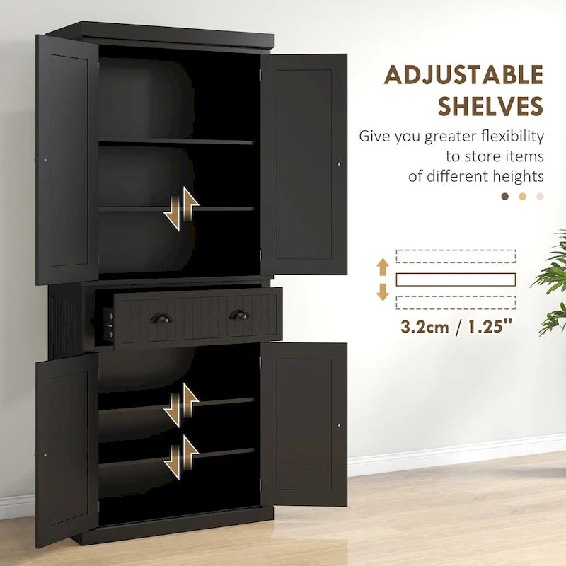 Meuble de rangement pour garde-manger de cuisine 72, armoire autoportante traditionnelle avec 4 portes et 3 étagères réglables, grand tiroir central