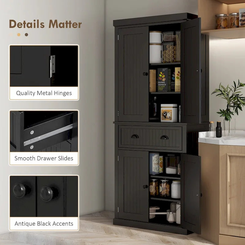 Meuble de rangement pour garde-manger de cuisine 72, armoire autoportante traditionnelle avec 4 portes et 3 étagères réglables, grand tiroir central