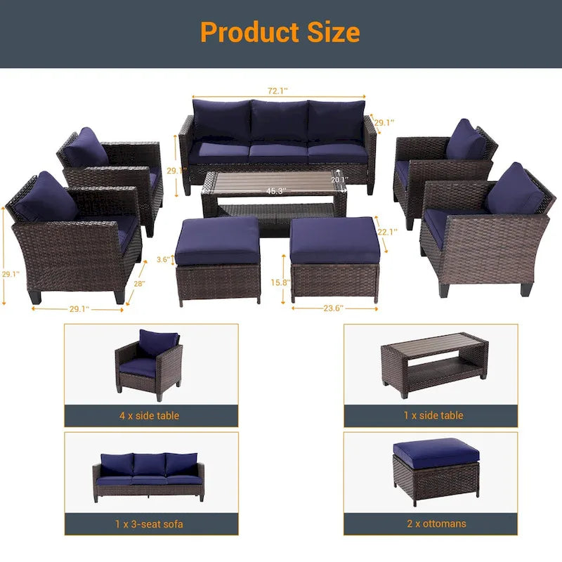 LIVOOSUN 8-Piece Patio Brown Rattan Furniture Conversation Sofa Sets