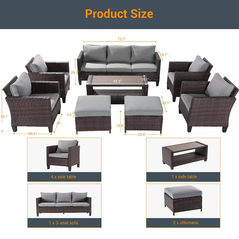 LIVOOSUN 8-Piece Patio Brown Rattan Furniture Conversation Sofa Sets