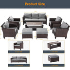 LIVOOSUN 8-Piece Patio Brown Rattan Furniture Conversation Sofa Sets