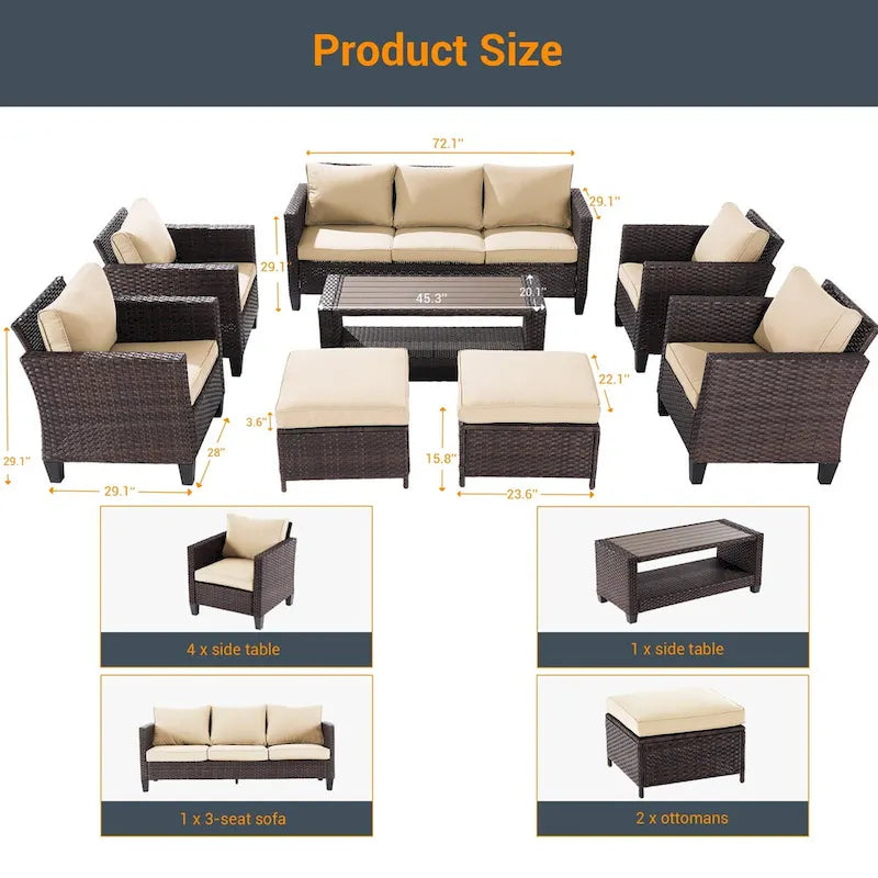 LIVOOSUN 8-Piece Patio Brown Rattan Furniture Conversation Sofa Sets