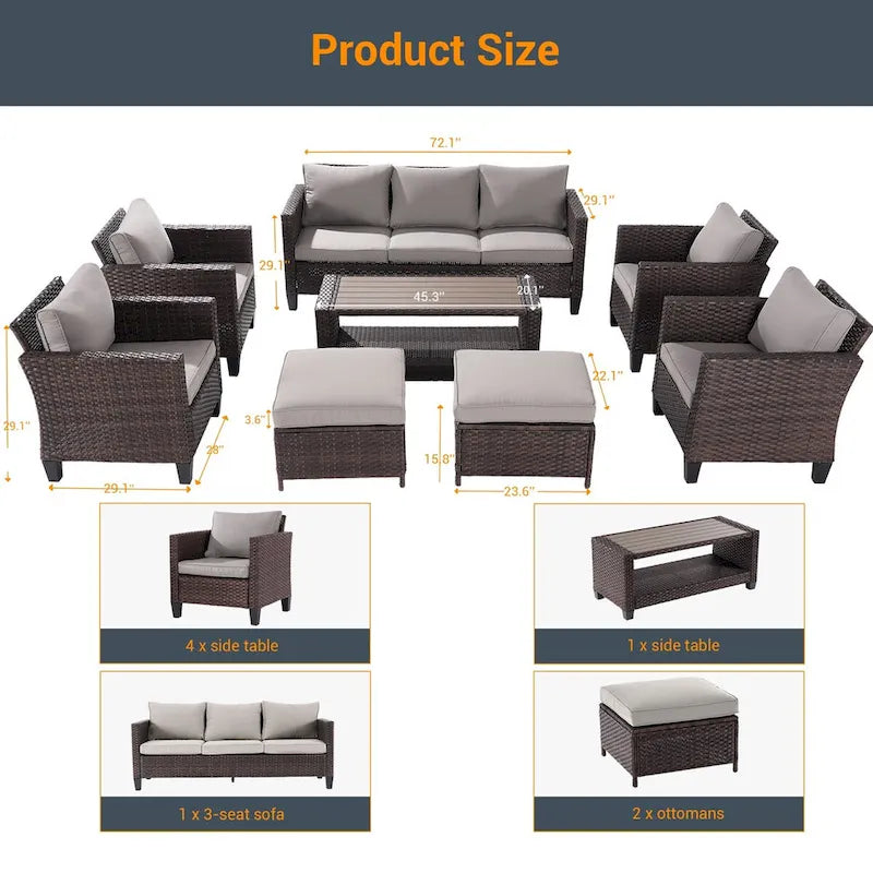 LIVOOSUN 8-Piece Patio Brown Rattan Furniture Conversation Sofa Sets