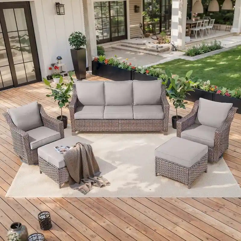 5 Piece Patio Glider Chair with Sofa Ottomans - Brown