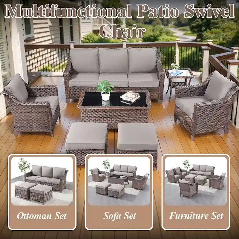 5 Piece Patio Glider Chair with Sofa Ottomans - Brown