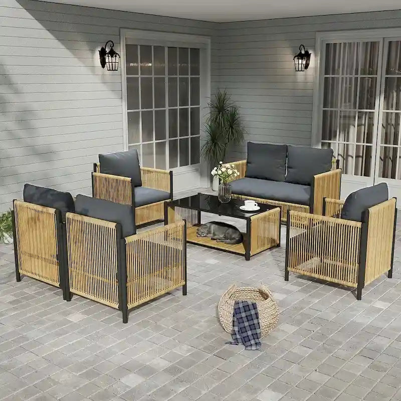 6 PCS Outdoor Patio Furniture Set PE Wicker Sofa Set