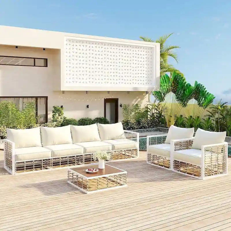 Modern 7 Piece Metal All Weather Garden Sectional Sofa Set with Thick Cushions and Coffee Table