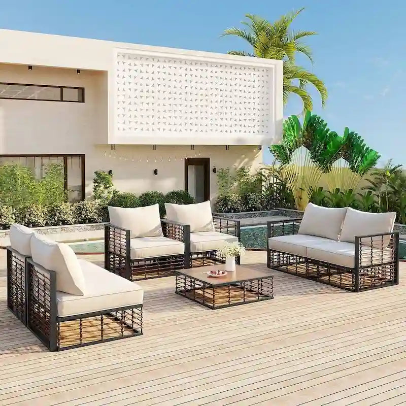 Modern 7 Piece Metal All Weather Garden Sectional Sofa Set with Thick Cushions and Coffee Table