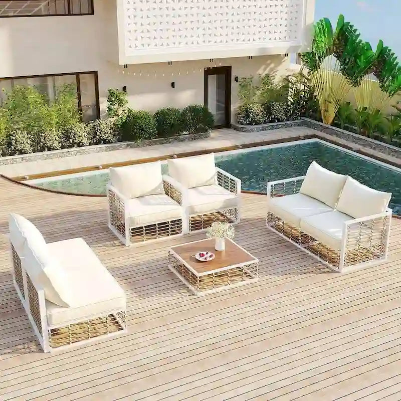 Modern 7 Piece Metal All Weather Garden Sectional Sofa Set with Thick Cushions and Coffee Table