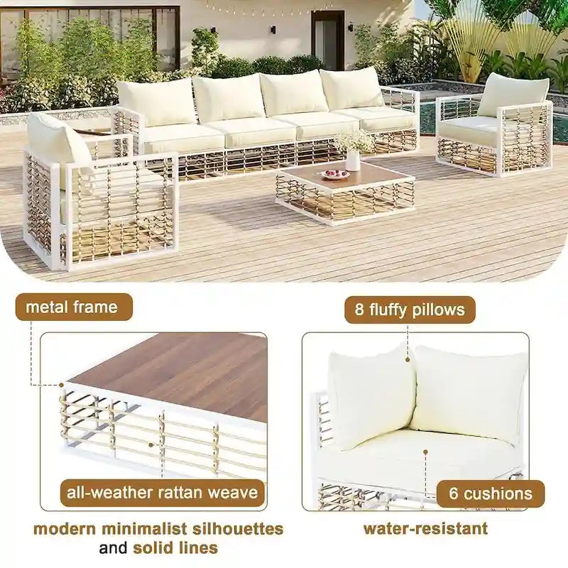 Modern 7 Piece Metal All Weather Garden Sectional Sofa Set with Thick Cushions and Coffee Table