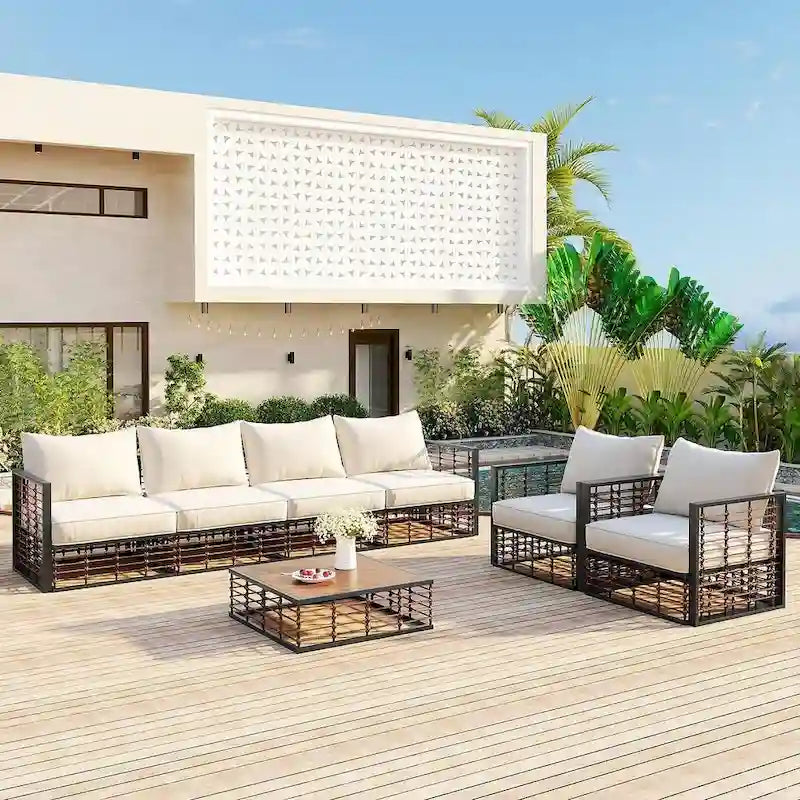 Modern 7 Piece Metal All Weather Garden Sectional Sofa Set with Thick Cushions and Coffee Table