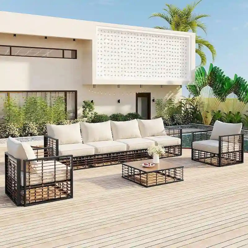 Modern 7 Piece Metal All Weather Garden Sectional Sofa Set with Thick Cushions and Coffee Table