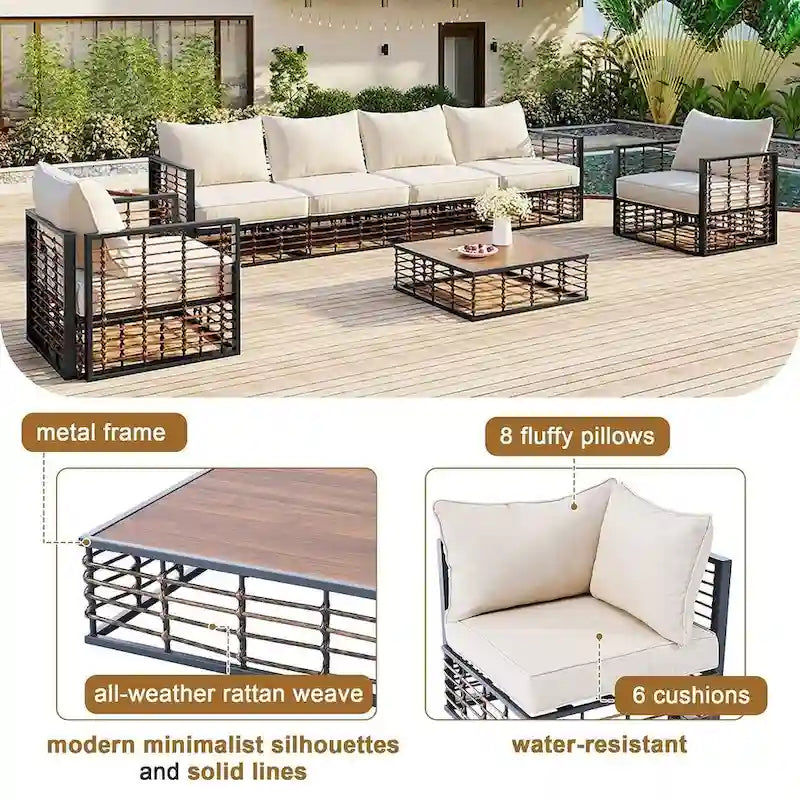 Modern 7 Piece Metal All Weather Garden Sectional Sofa Set with Thick Cushions and Coffee Table