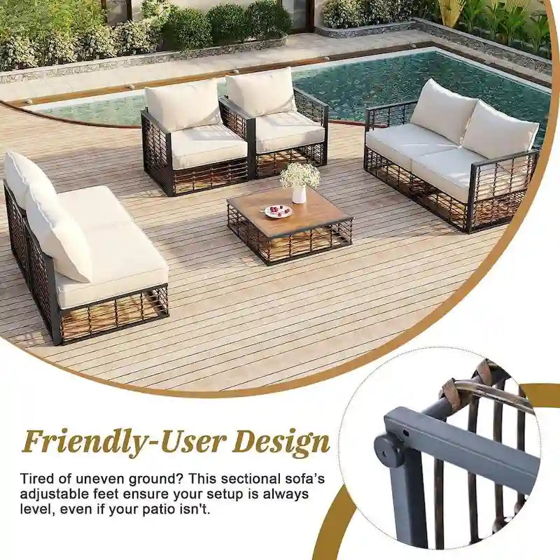 Modern 7 Piece Metal All Weather Garden Sectional Sofa Set with Thick Cushions and Coffee Table