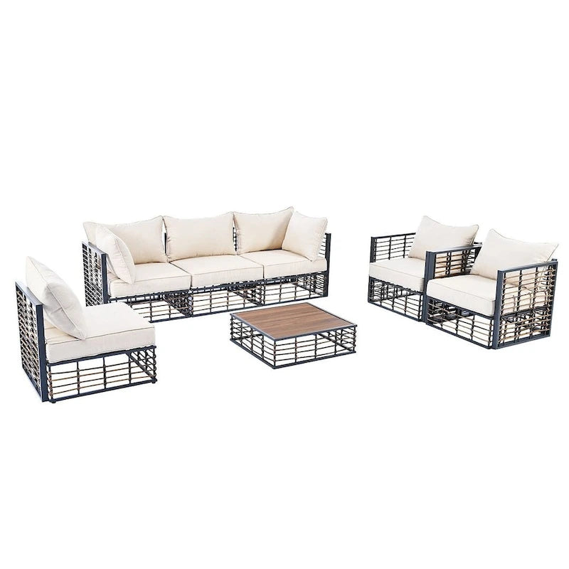 Modern 7 Piece Metal All Weather Garden Sectional Sofa Set with Thick Cushions and Coffee Table