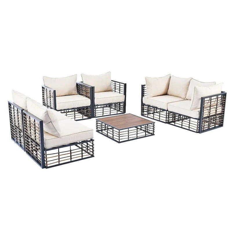 Modern 7 Piece Metal All Weather Garden Sectional Sofa Set with Thick Cushions and Coffee Table