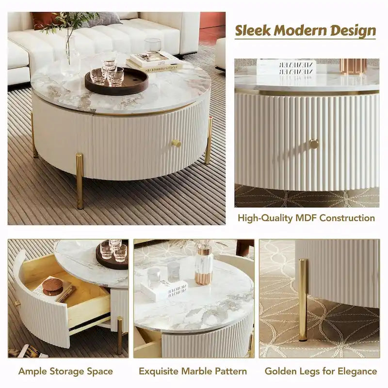 31,5 Table basse ronde moderne avec grand tiroir de rangement