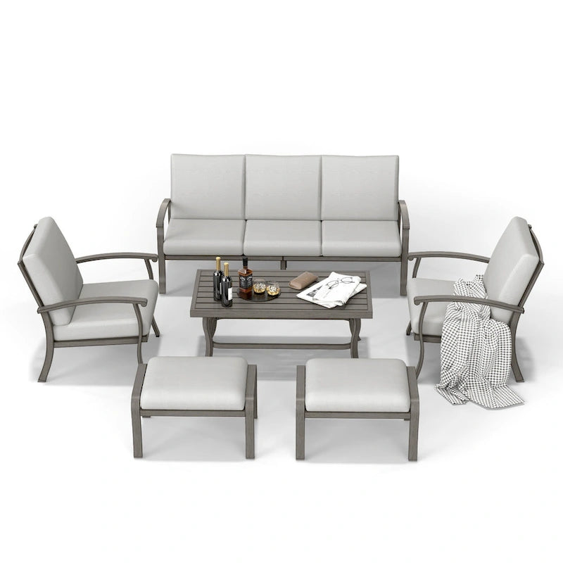 6-Piece Aluminum Patio Conversation Set with Coffee Table,Sofa, Ottoman and Light Gray Cushions