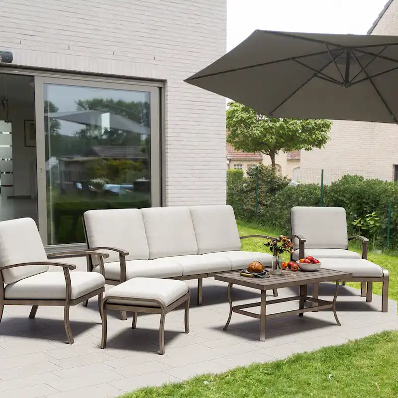 6-Piece Aluminum Patio Conversation Set with Coffee Table,Sofa, Ottoman and Light Gray Cushions