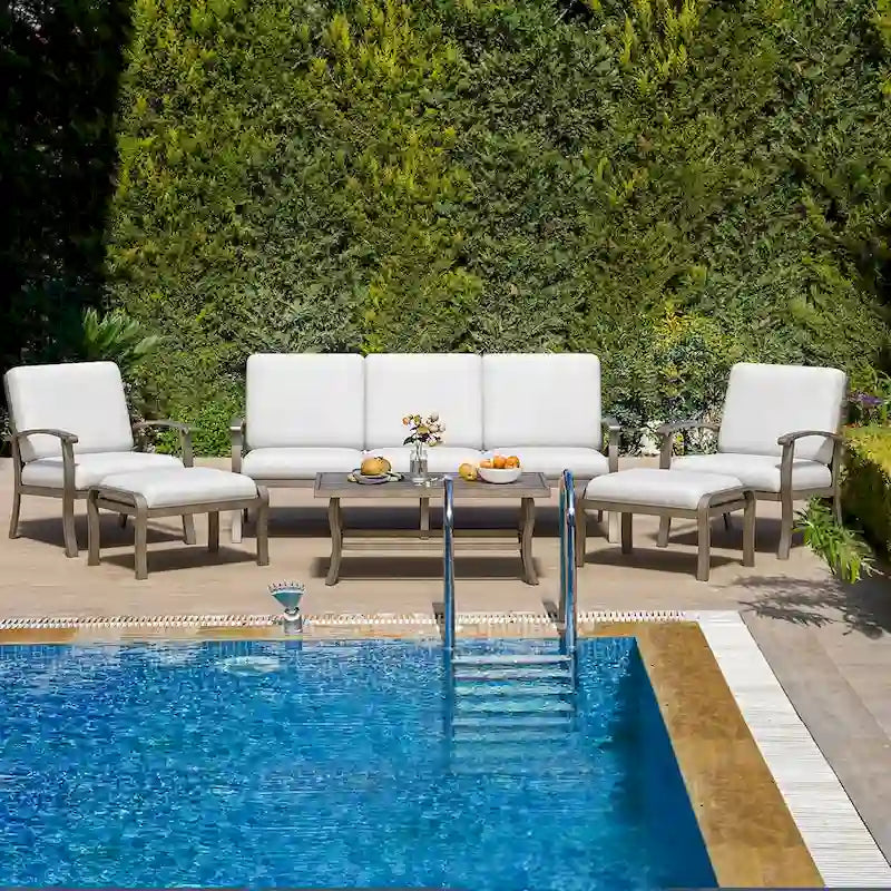 6-Piece Aluminum Patio Conversation Set with Coffee Table,Sofa, Ottoman and Light Gray Cushions