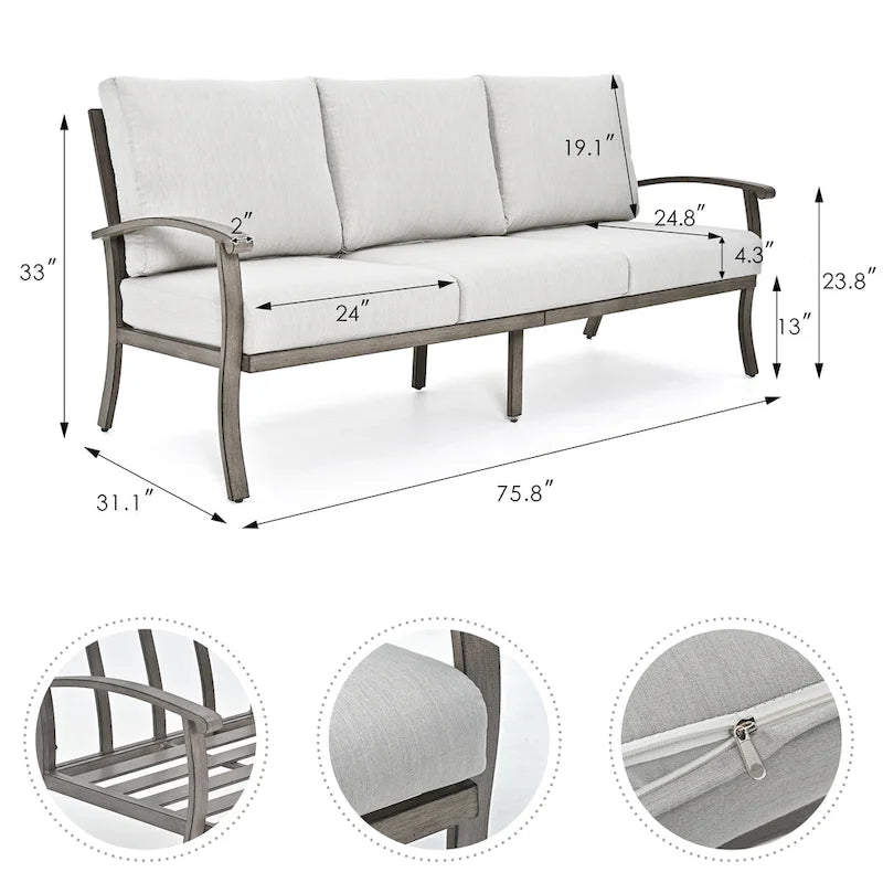 6-Piece Aluminum Patio Conversation Set with Coffee Table,Sofa, Ottoman and Light Gray Cushions