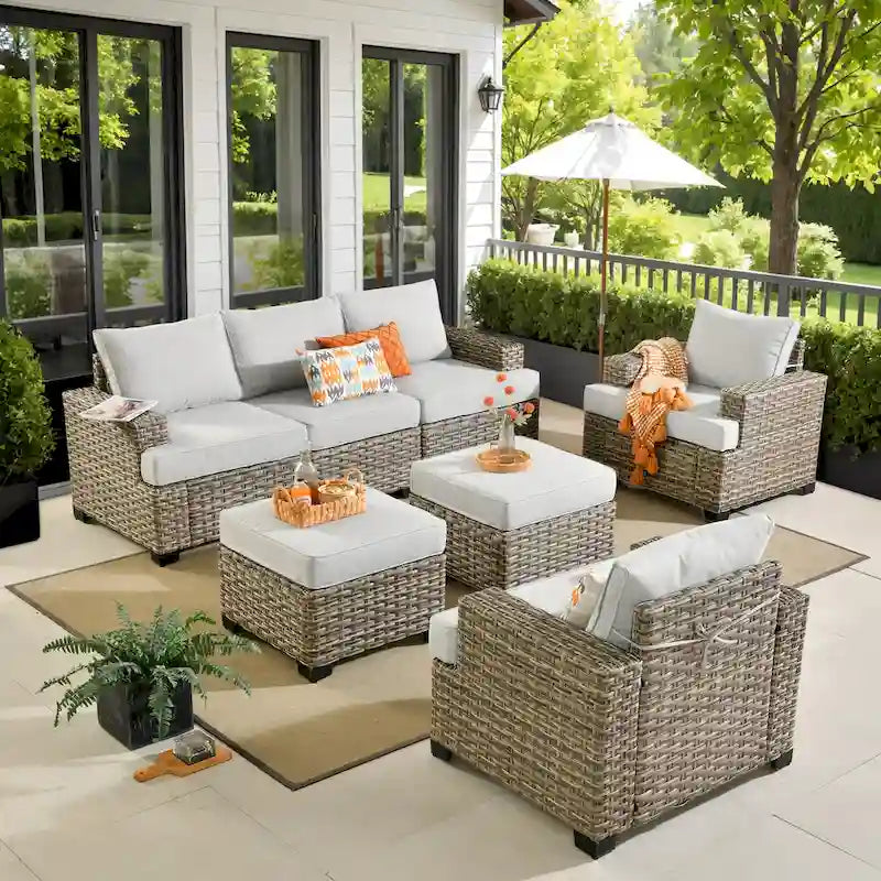 XIZZI 7 Pieces Patio Furniture Wide Armrest Conversation Sofa Set with Ottomans