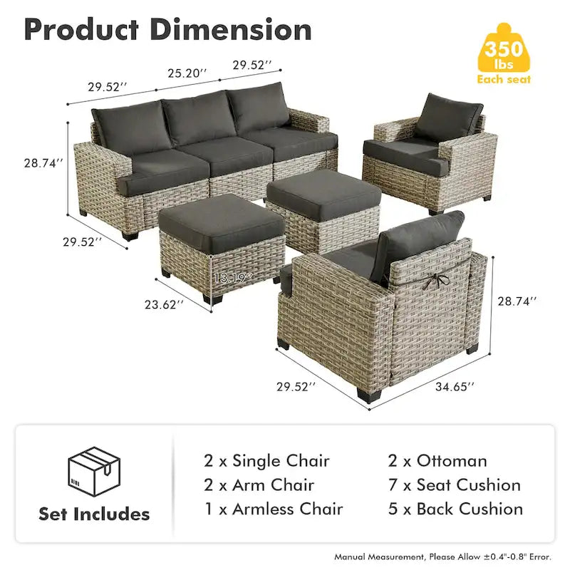 XIZZI 7 Pieces Patio Furniture Wide Armrest Conversation Sofa Set with Ottomans