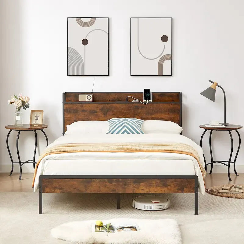Cadre de lit double avec station de charge, Panneaux de particules, Marron rustique