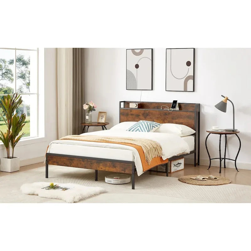 Cadre de lit double avec station de charge, Panneaux de particules, Marron rustique