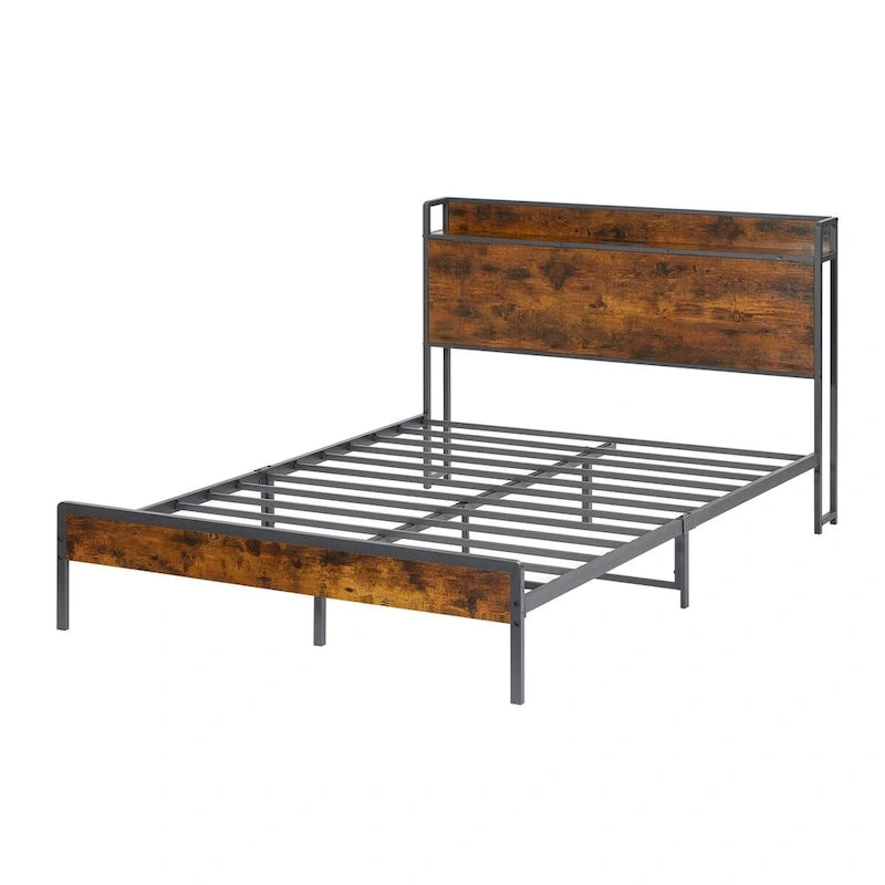 Cadre de lit double avec station de charge, Panneaux de particules, Marron rustique